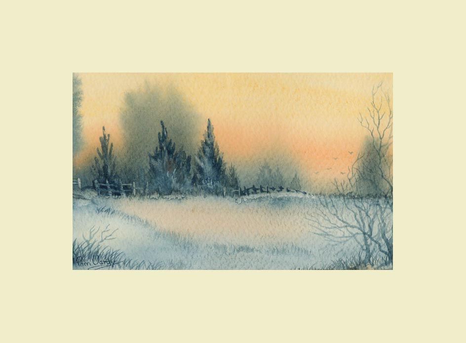 Snow sunset watercolour painting
